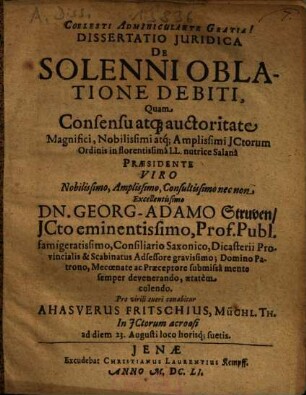 Dissertatio Iuridica De Solenni Oblatione Debiti