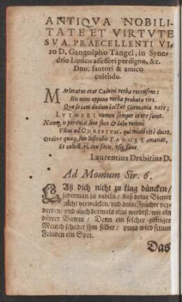 Antiqua Nobilitate Et Virtute Sua Praecellenti Viro D. Gangolpho Tangel ... amico colendo.