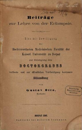 Beiträge zur Lehre von der Eclampsie : Inaug. Diss.