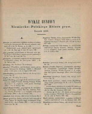 Wykaz osnowy Niemiecko-Polskiego Zbioru praw. Rocznik 1858