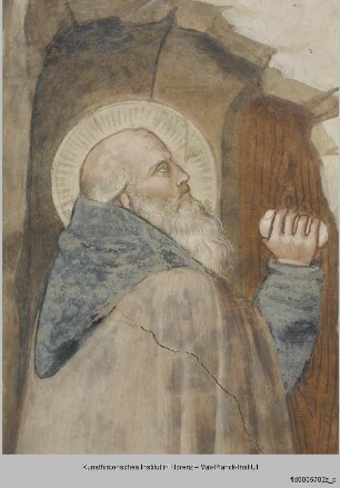 Freskenzyklus mit Szenen aus der Vita des heiligen Antonius : Antonius kniet vor dem Eremiten Paulus