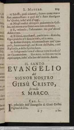 Il Santo Evangelio del Signor Nostro Giesù Cristo, secondo S. Marco