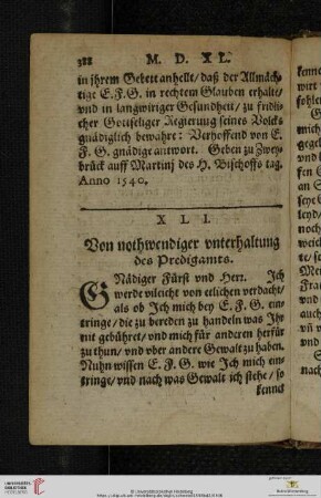XLI. Von nothwendiger vnterhaltung des Predigamts