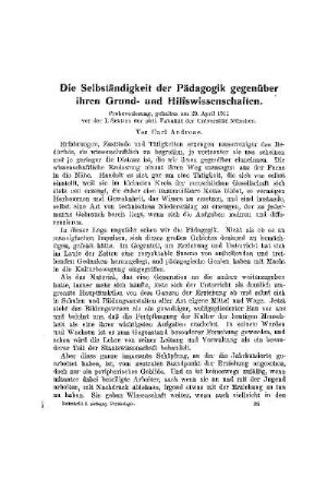 Die Selbstständigkeit der Pädagogik gegenüber ihren Grund- und Hilfswissenschaften : Probevorlesung, gehalten am 29. April 1911 von der I. Sektion der phil. Fakultät der Universität München