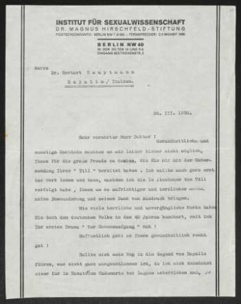 Brief von Magnus Hirschfeld von Institut für Sexualwissenschaft <Berlin> an Gerhart Hauptmann
