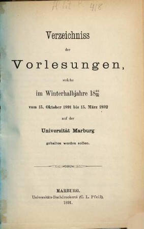 Verzeichnis der Vorlesungen. 1891/92. WH.