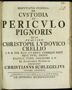 Dispvtatio Ivridica De Cvstodia Et Pericvlo Pignoris