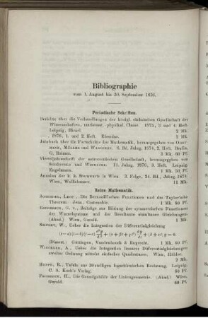 Bibliographie vom 1. August bis 30. September 1876.
