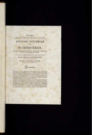 Histoire Naturelle des Mammiferes... Prospectus.