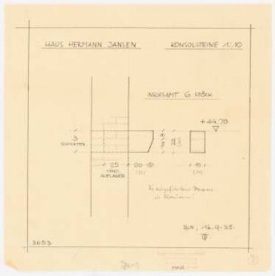 Haus Jansen, Berlin-Grunewald: Südwestliche Seitenfront, Konsolen über dem Blumenfenster: Querschnitt Wand, Aufriss Konsole 1:10