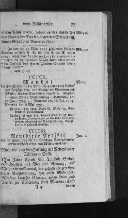 CCCCXI. Revidirte Artikel der im Jahre 1795 für die hamburg. Reitendiener-Brüderschaft errichteten Wittwen-Casse.