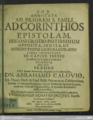 Annotata ad priorem S. Pauli ad Corinthios epistolam ... de capite tertio
