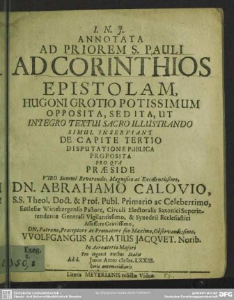 Annotata ad priorem S. Pauli ad Corinthios epistolam ... de capite tertio