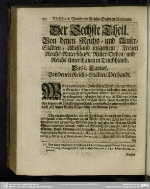 Der Sechste Theil. Von denen Reichs- und Ansee-Städten, Adelstand insgemein, Freyen Reichs-Ritterschafft, Ritter-Orden, und Reichs-Unterthanen in Teutschland