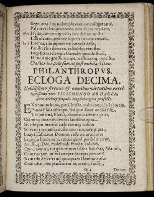 Philantheropus. Ecloga Decima. Nobilißimo strenuo & omnibus virtutibus excellentißimo viro Sigismundo Ab Hagen [...]