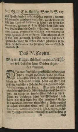 Das IV. Capitel. Wie ein kluger Bibliothecarius verhüten soll/ daß ihm keine Bücher abhanden kommen.