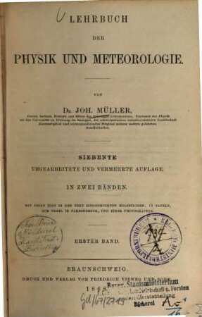 Lehrbuch der Physik und Meteorologie : theilweise nach Pouillet's Lehrbuch der Physik. 1