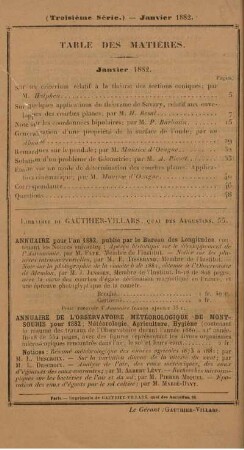 Table des matières. Janvier 1882.