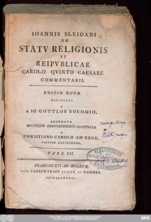 Pars III.: Ioannis Sleidani De Statv Religionis Et Reipvblicae Carolo Qvinto Caesare Commentarii