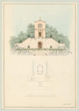 Begräbniskapelle Monatskonkurrenz April 1843: Grundriss, Aufriss Vorderansicht; 2 Maßstabsleisten