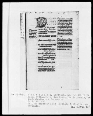 Bibliorum libri Proverbiorum, Ecclesiastes, Sapientiae cum Glossa ordinaria — Initiale D(iligite), Folio 87recto