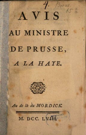 Avis au ministre de Prusse à la Haye