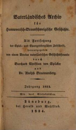 Vaterländisches Archiv für hannoverisch-braunschweigische Geschichte. 1833, 1833