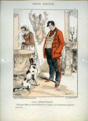 Karikatur, Ehepaar spricht mit Hund über den Nahrungsmangel, Frankreich 1870. Tafel 16 aus: Paris assiégé. Scènes de la vie parisienne pendant le siège.