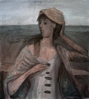 Sitzende Frau mit Strohhütchen