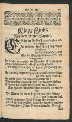 Klage Hiobs Aus dem dritten Capitel.