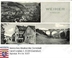 Weiher im Odenwald, Panorama und Einzelansichten / Eisenbahnbrücke und Pension Ferdinand Gramlich