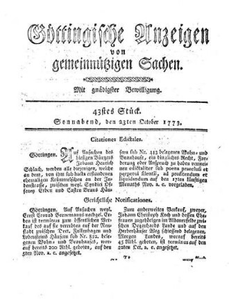43stes Stück. Sonnabend, den 23ten October 1773.