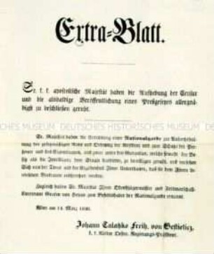 Maueranschlag: Extrablatt mit der Bekanntgabe der Aufhebung der Zensur und der Errichtung der Nationalgarde; Wien, 14. März 1848