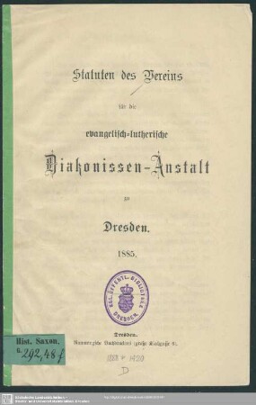 Statuten des Vereins für die evangelisch-lutherische Diakonissen-Anstalt zu Dresden