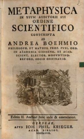 Metaphysica : In Vsvm Avditorii Svi Ordine Scientifico Conscripta