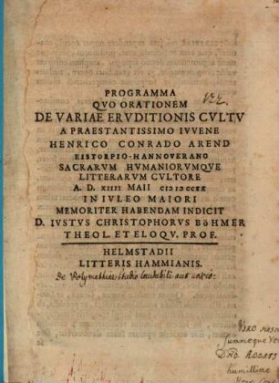 Programma quo orationem de variae eruditionis cultu ... indicit