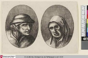 [Links: Bildnis eines Bauern mit Hut, im Dreiviertelprofil nach rechts gewandt; rechts: Bildnis einer Bäuerin mit geöffnetem Mund und locker aufliegender Haube, den Kopf nach links geneigt; Heads of Peasants and Country-Women]