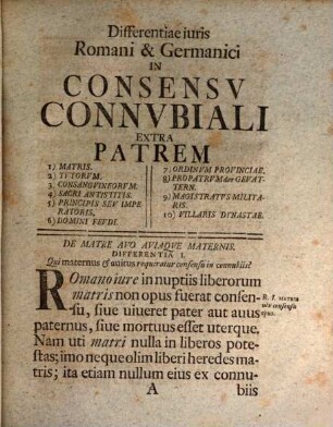Dissertatione Inavgvrali differentias iuris Romani & Germanici In Consensv Connvbiali Extra Patrem 1. Matris. 2. Tvtorvm. 3. Consangvineorvm ...