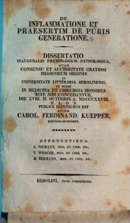 De inflammatione et praesertim de puris generatione : Diss. inaug. physiol.-path.
