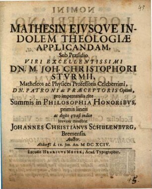 Mathesin Ejvsqve Indolem Theologiae Applicandam