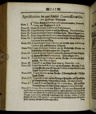 Specification der zum Käyserl. Commissions-Decret gehöriger Beylagen.