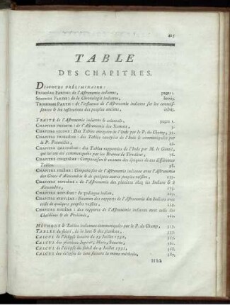 Table des Chapitres. Extrait des Registres de l'Académie Royale des Science.