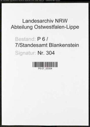 Sterberegister Standesamt Blankenstein/Ruhr