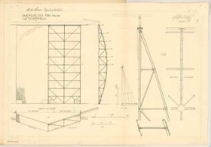 Zweiflügeliges Tor für eine Luftschiffhalle Monatskonkurrenz Dezember 1910: Grundriss, Aufriss Vorderansicht, Querschnitt 1:100; Details 1:20; 2 Maßstabsleisten