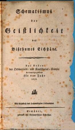 Schematismus der Diözese Eichstätt. 1832, 1832