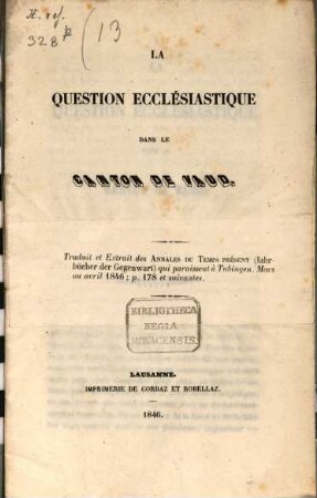 La Question ecclésiastique dans le canton de Vaud