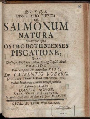 Dissertatio physica De salmonum natura eorumque apud Ostrobothnienses piscatione
