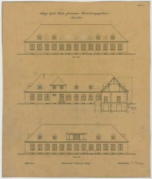 Fischer, Theodor; München; Bayerische Geschützwerke - Verwaltungsgebäude Nord - u. Westseite (Ansichten)