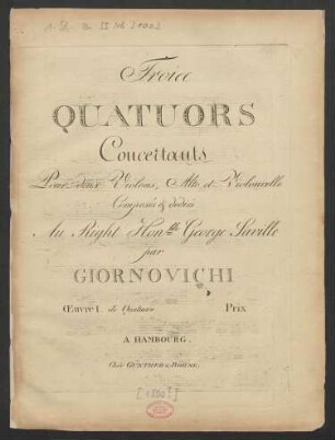 Trois Quatuors Concertants Pour deux Violons, Alto et Violoncelle Œuvre I. de Quatuors