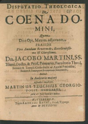 Disputatio Thelogica De Coena Domini